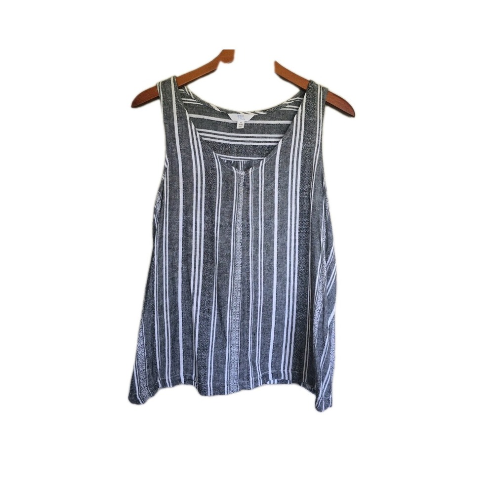 Time and True Stripes Woven Linen Blend Tank Top Black White Small Minimalist